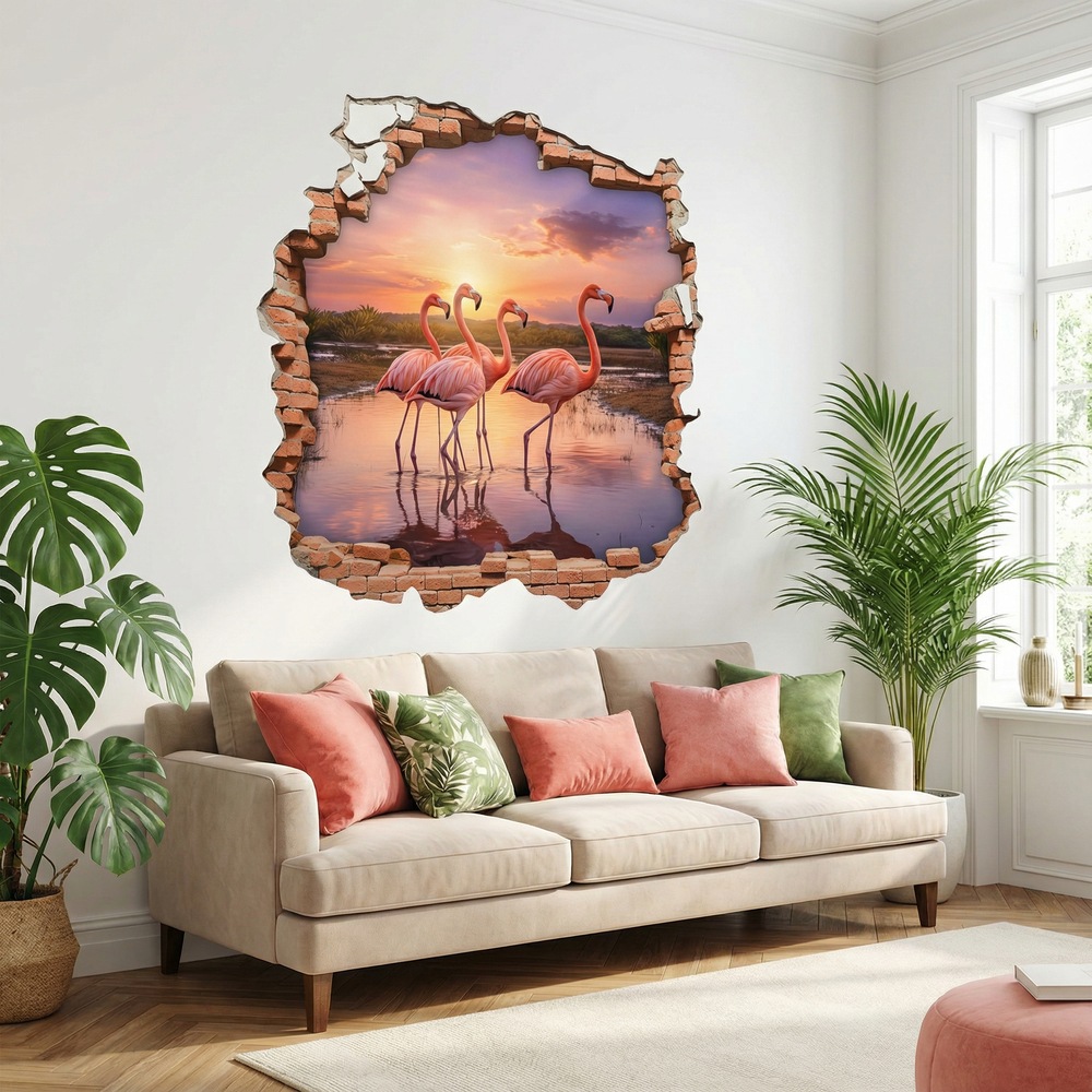Wall Stickers: Wall Hole Flamingos Sunset