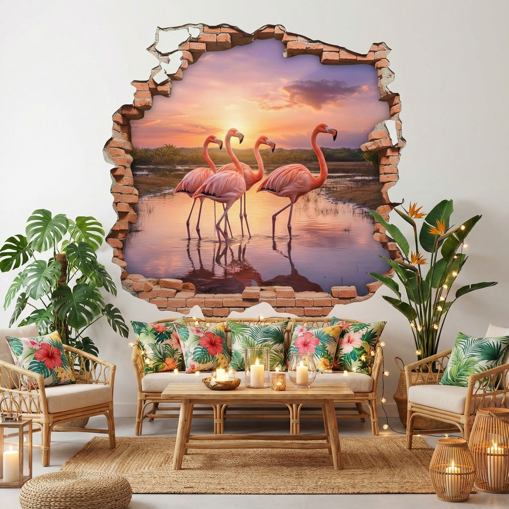 Wall Stickers: Wall Hole Flamingos Sunset