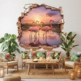 Wall Stickers: Wall Hole Flamingos Sunset 5