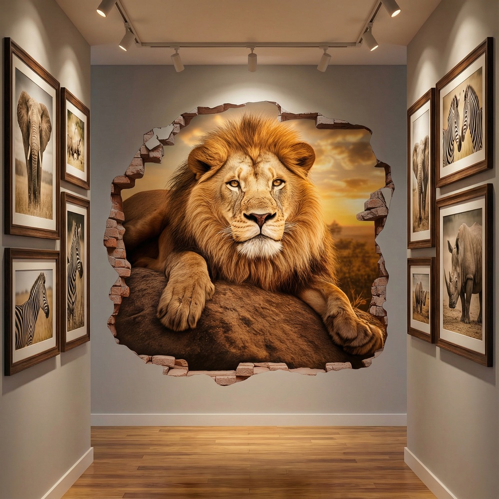 Wall Stickers: Wall Hole Lion Sunset