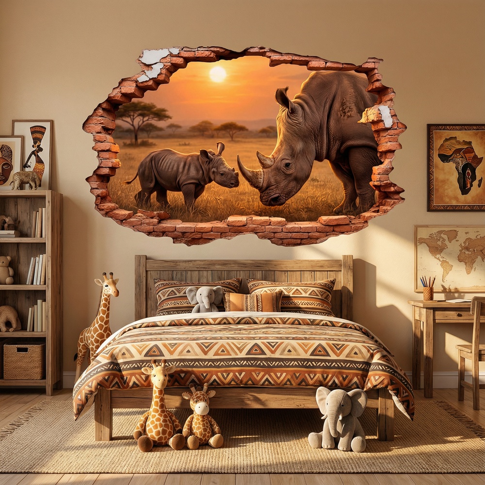 Wall Stickers: Wall Hole Rhinoceroses Sunset