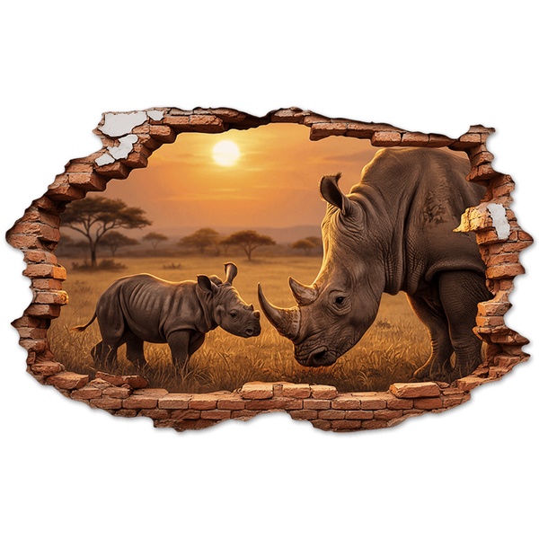 Wall Stickers: Wall Hole Rhinoceroses Sunset