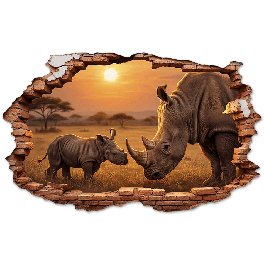 Wall Stickers: Wall Hole Rhinoceroses Sunset