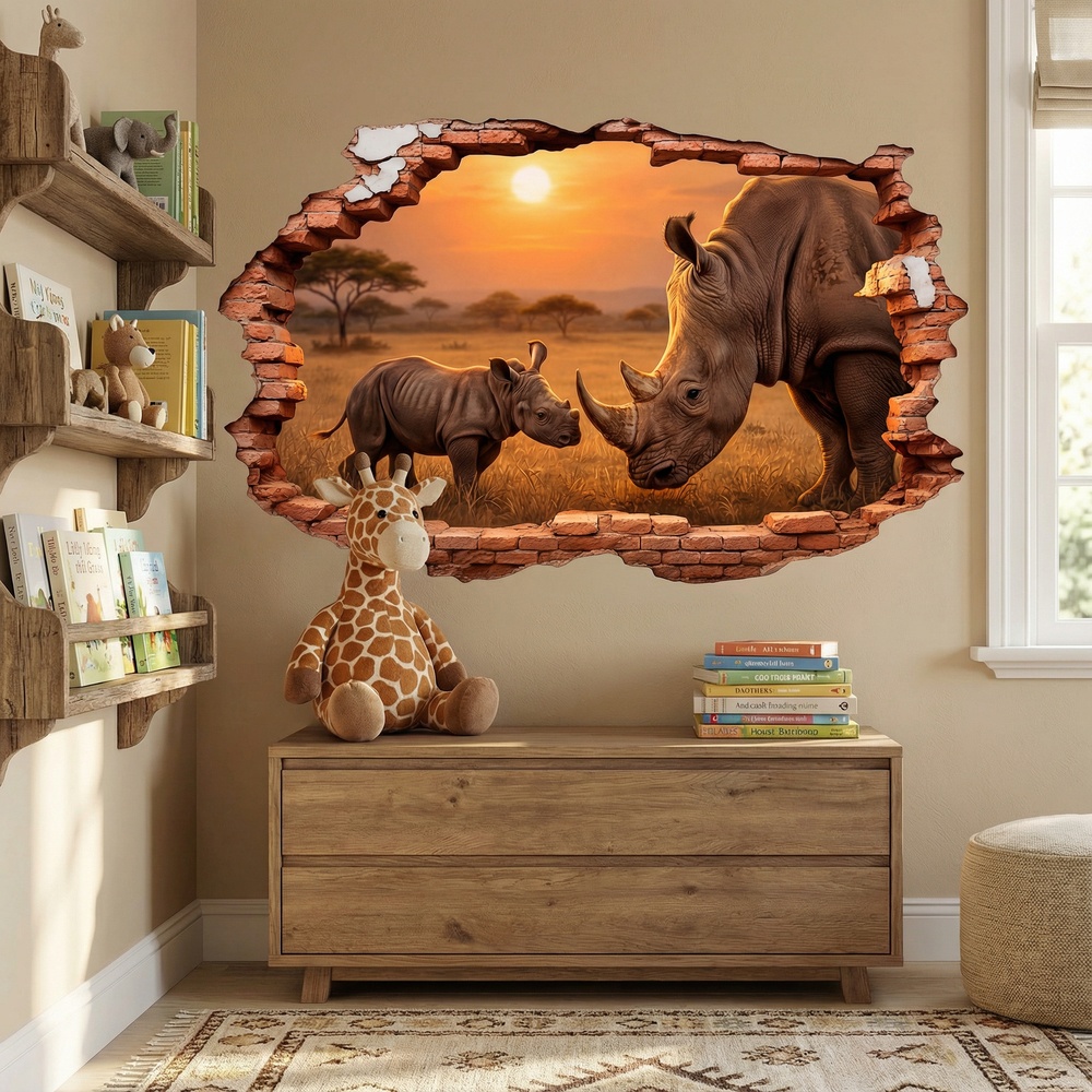 Wall Stickers: Wall Hole Rhinoceroses Sunset