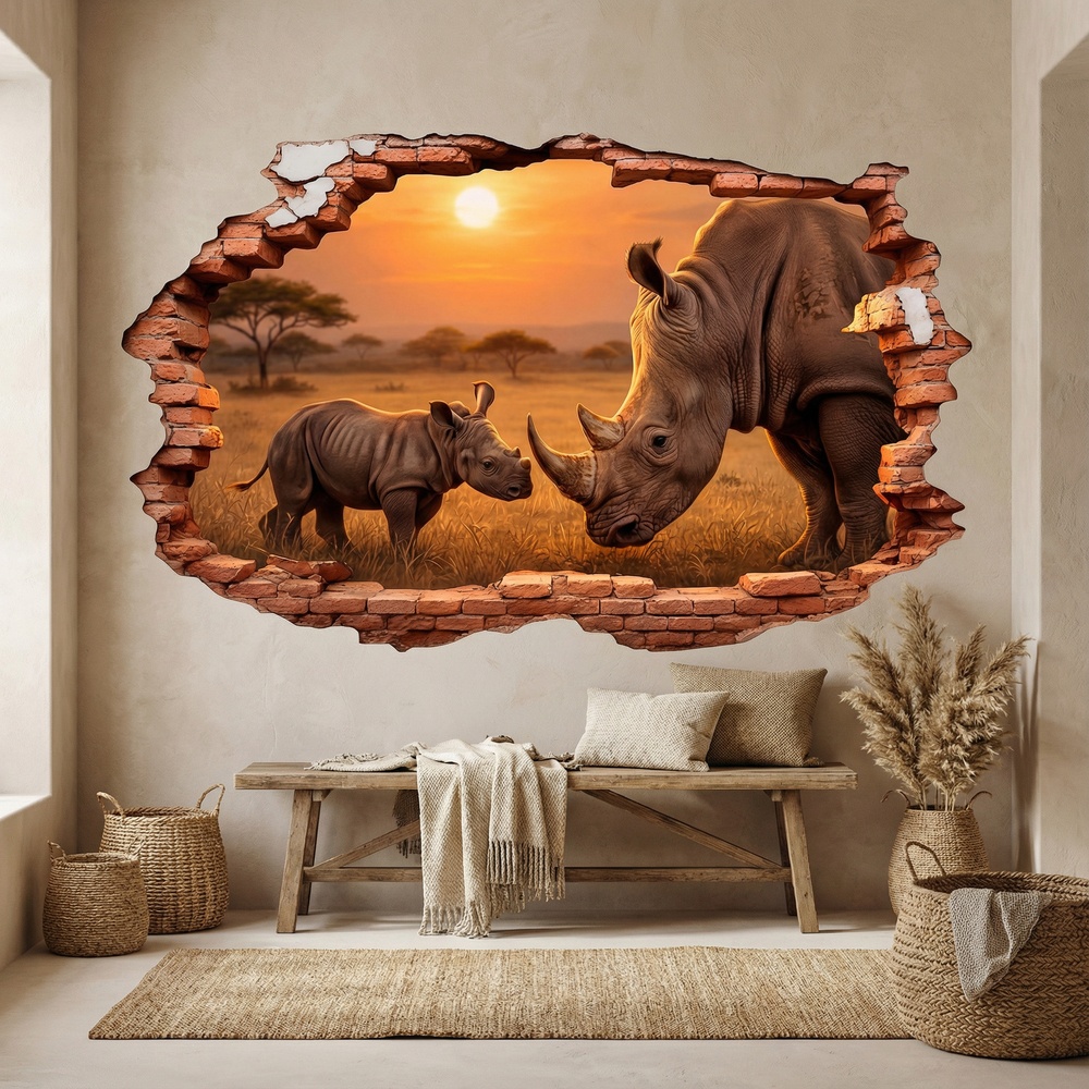 Wall Stickers: Wall Hole Rhinoceroses Sunset