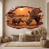 Wall Stickers: Wall Hole Rhinoceroses Sunset 4