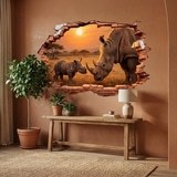 Wall Stickers: Wall Hole Rhinoceroses Sunset 5