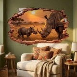 Wall Stickers: Wall Hole Rhinoceroses Sunset 6