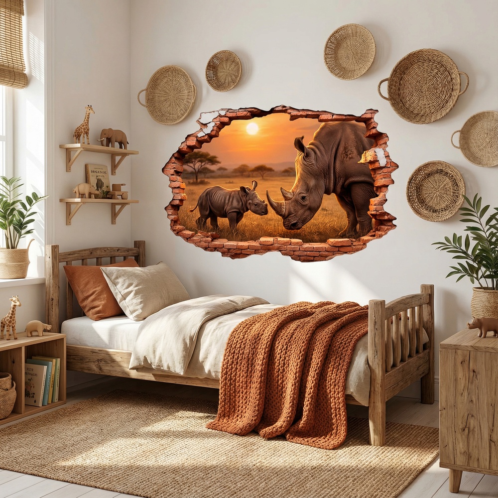 Wall Stickers: Wall Hole Rhinoceroses Sunset