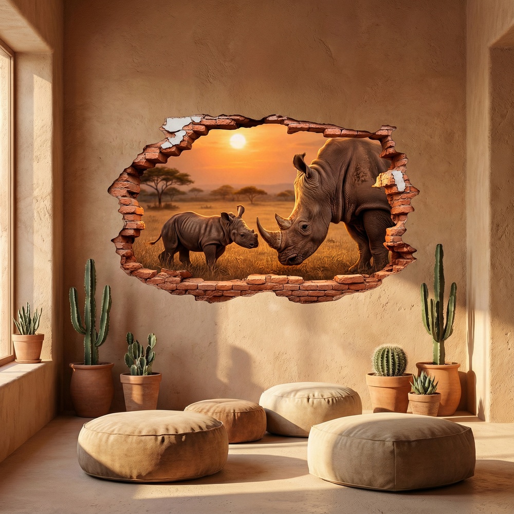 Wall Stickers: Wall Hole Rhinoceroses Sunset