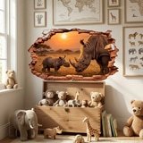 Wall Stickers: Wall Hole Rhinoceroses Sunset 9