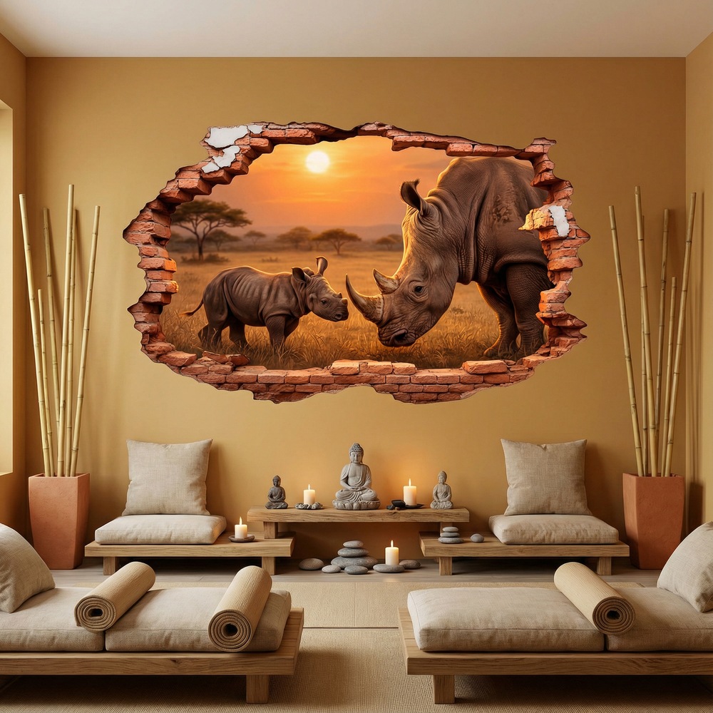 Wall Stickers: Wall Hole Rhinoceroses Sunset