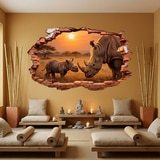 Wall Stickers: Wall Hole Rhinoceroses Sunset 10