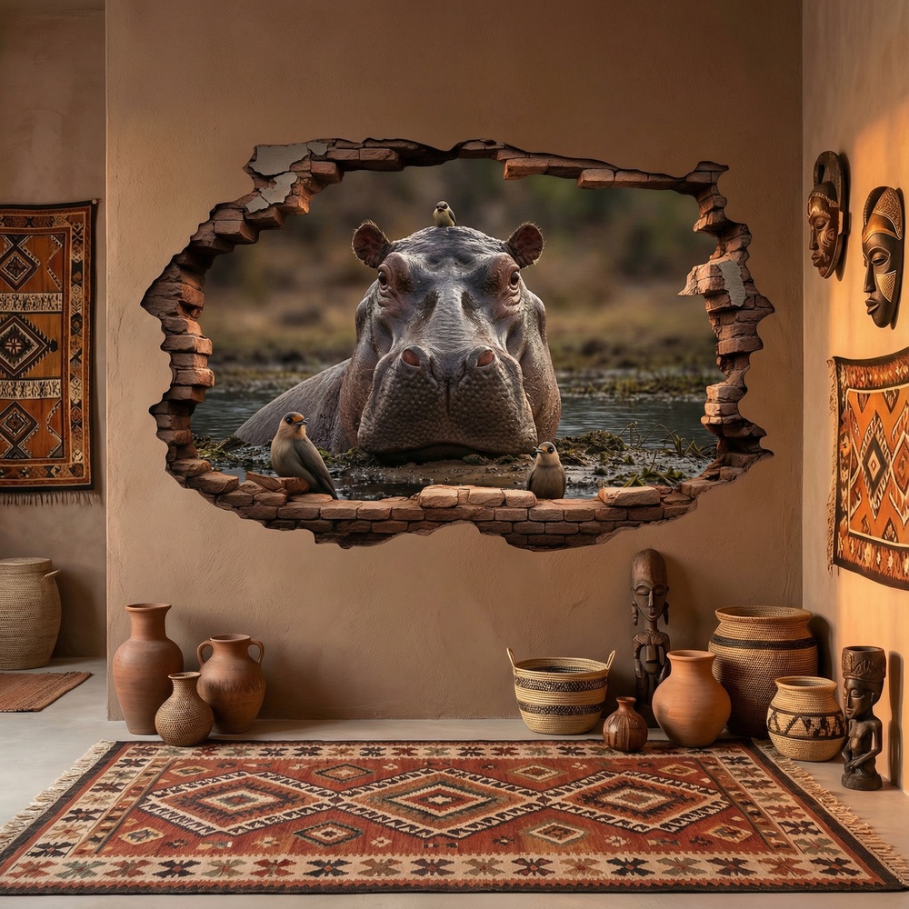 Wall Stickers: 3D Hippo Hole in the Wall Decal