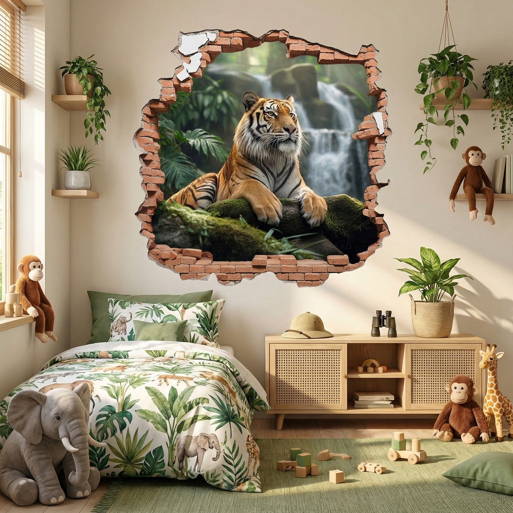 Wall Stickers: Wall Hole Tiger Waterfall