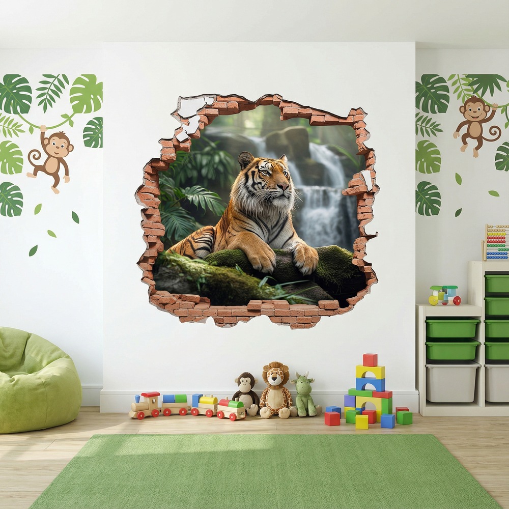 Wall Stickers: Wall Hole Tiger Waterfall