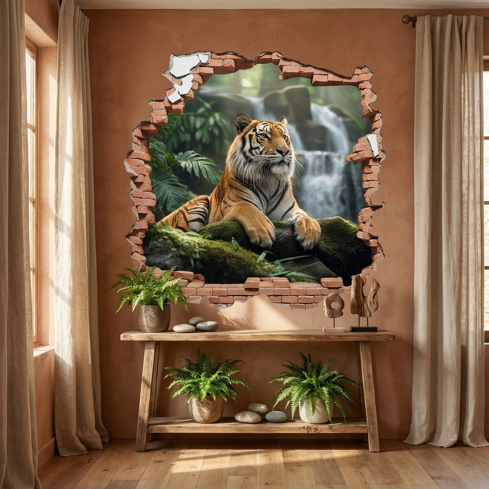 Wall Stickers: Wall Hole Tiger Waterfall