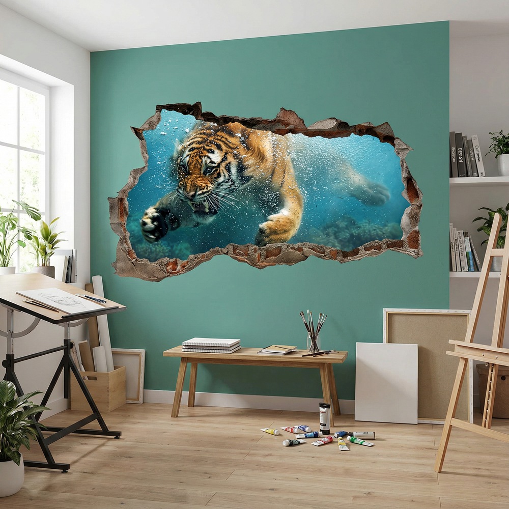 Wall Stickers: Wall Hole Tiger Underwater