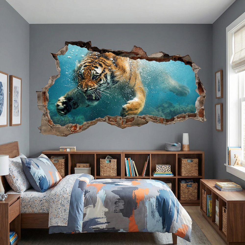Wall Stickers: Wall Hole Tiger Underwater