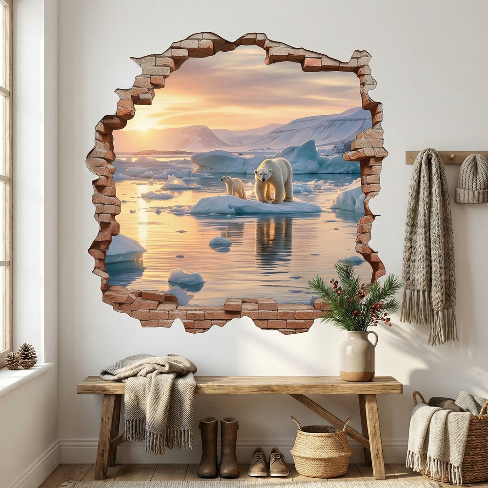 Wall Stickers: Wall Hole Polar Bears Sunset