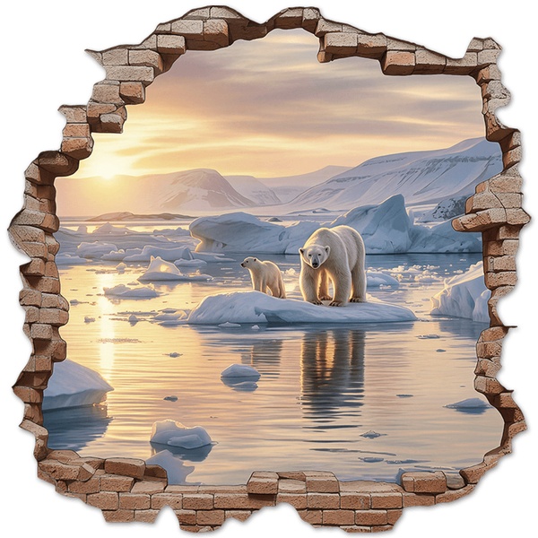 Wall Stickers: Wall Hole Polar Bears Sunset