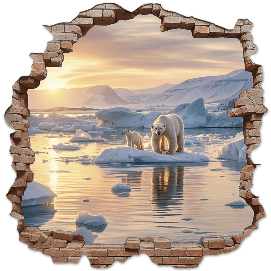 Wall Stickers: Wall Hole Polar Bears Sunset