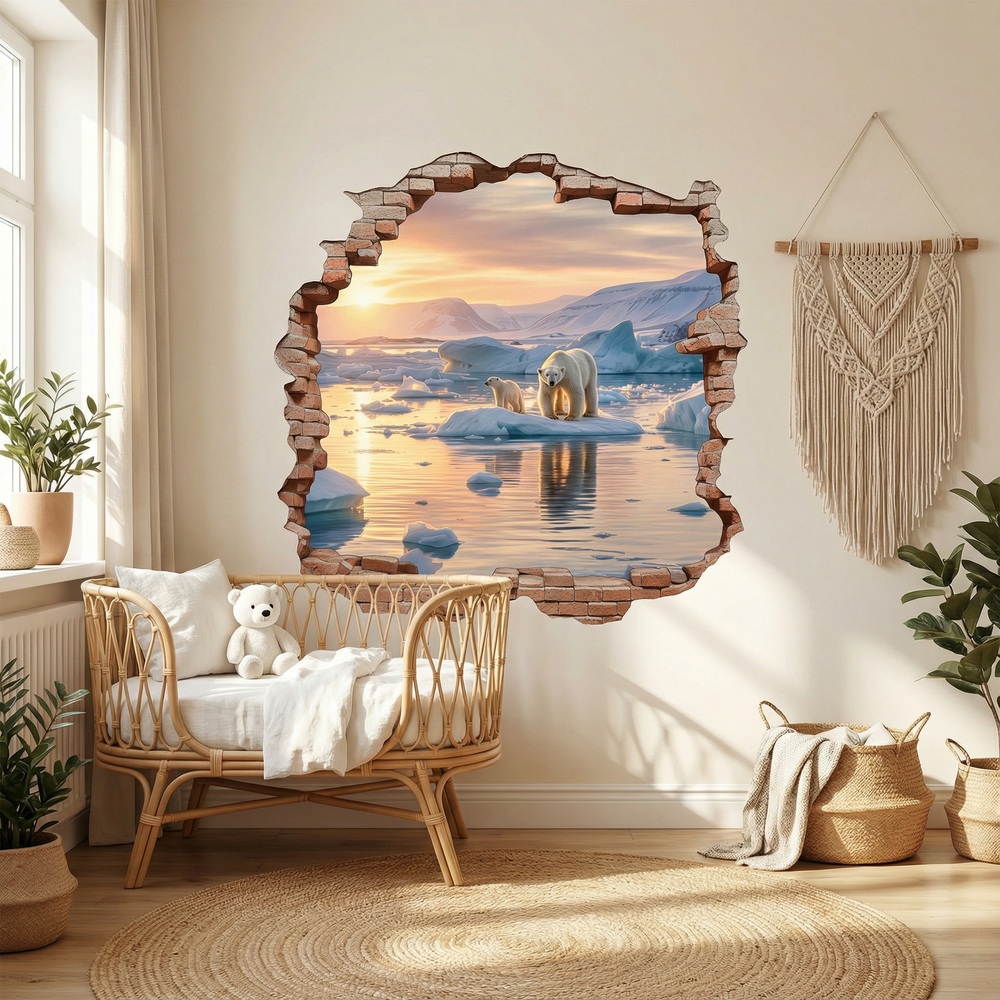Wall Stickers: Wall Hole Polar Bears Sunset