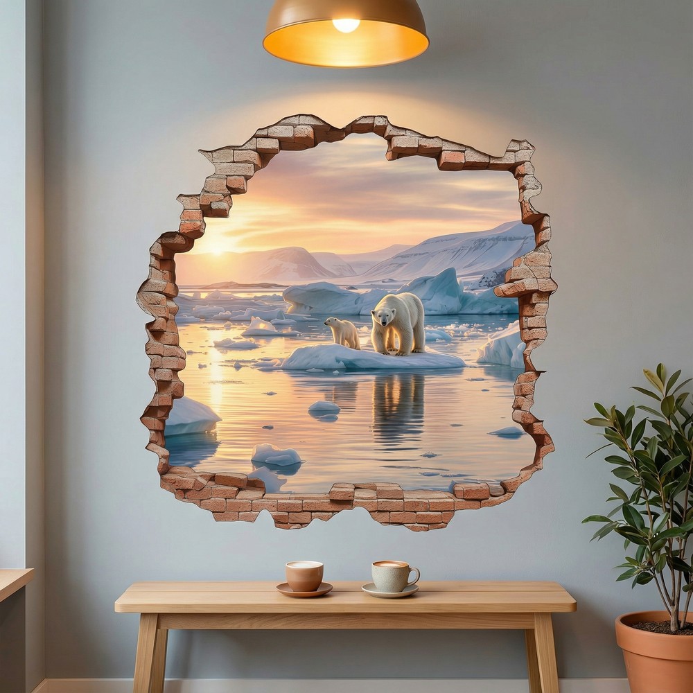 Wall Stickers: Wall Hole Polar Bears Sunset