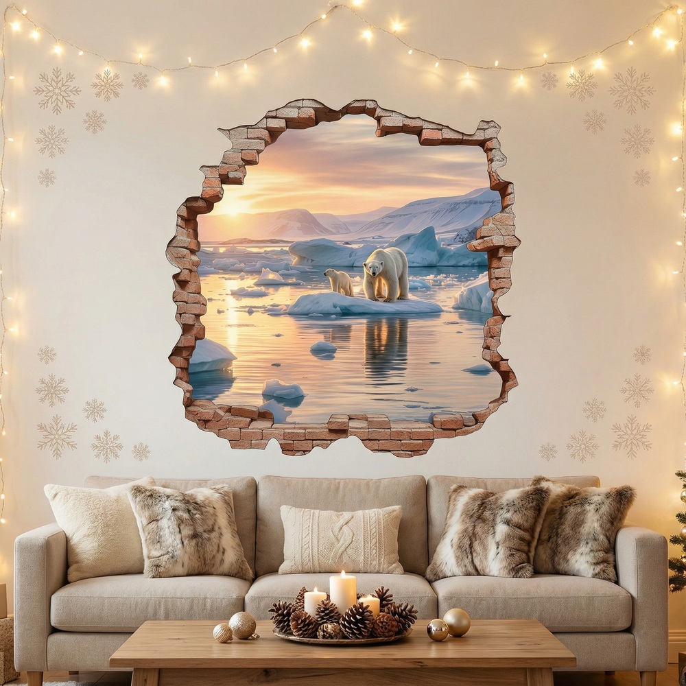 Wall Stickers: Wall Hole Polar Bears Sunset