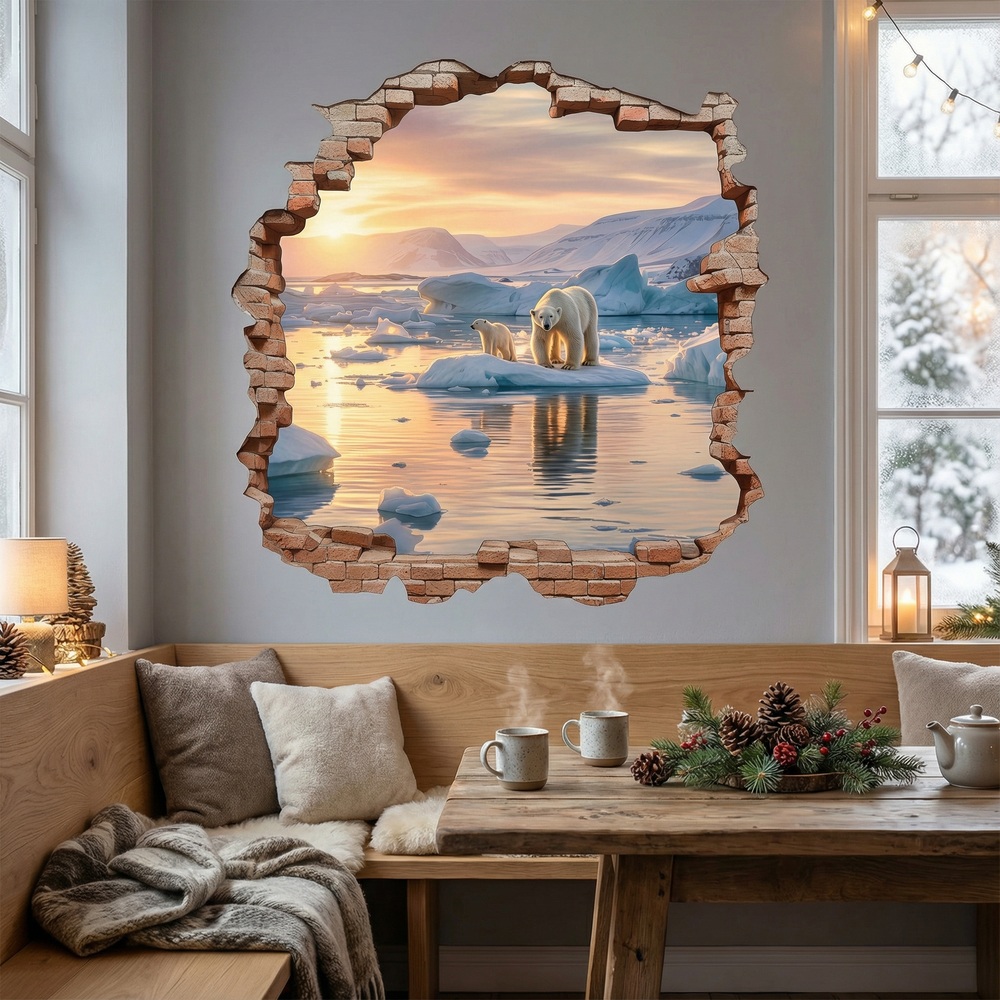 Wall Stickers: Wall Hole Polar Bears Sunset