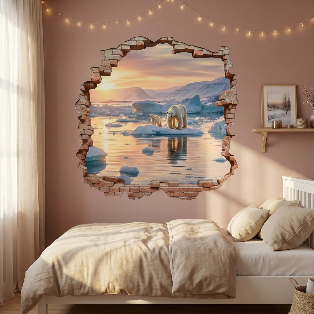Wall Stickers: Wall Hole Polar Bears Sunset
