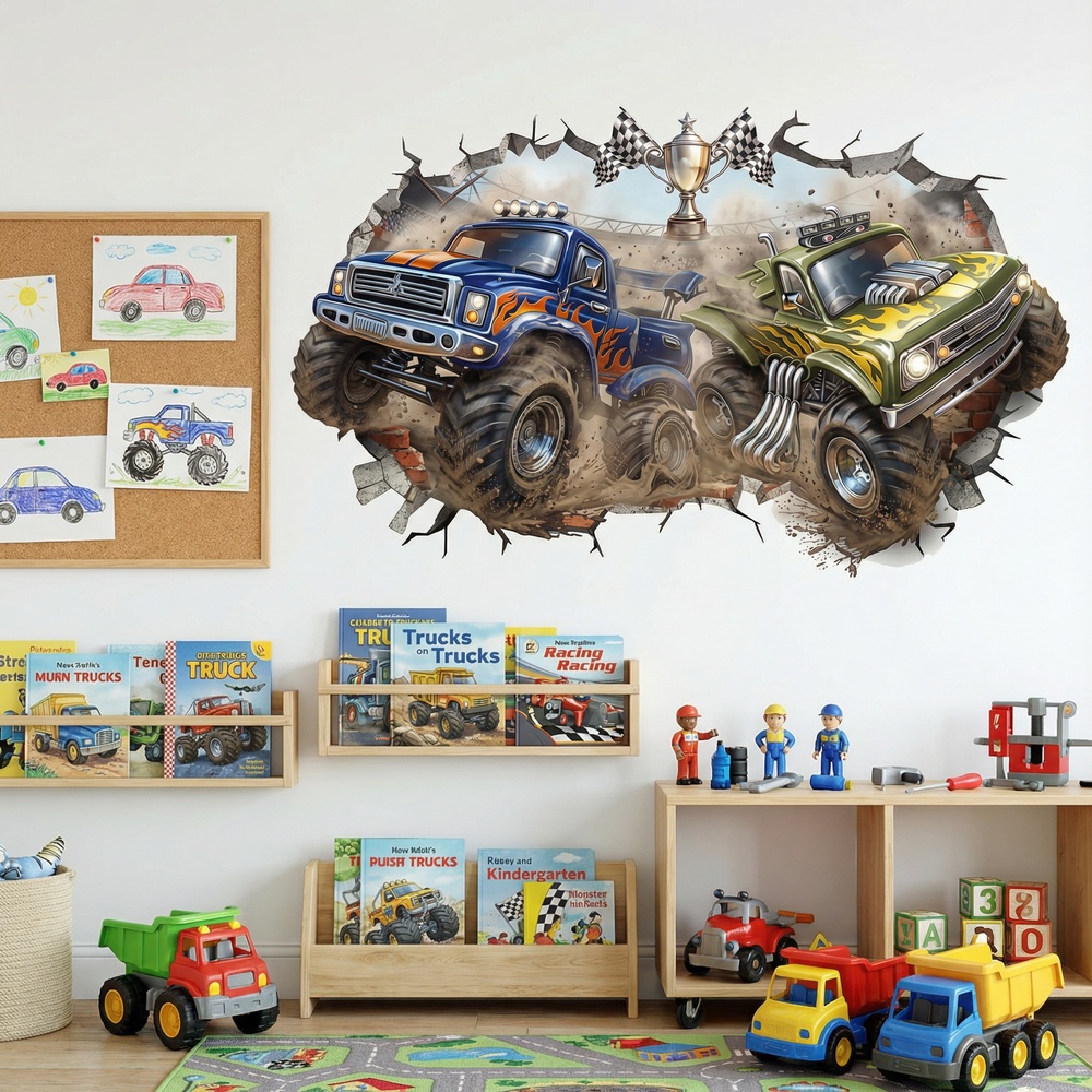 Stickers for Kids: Wall Hole Monster Trucks Race