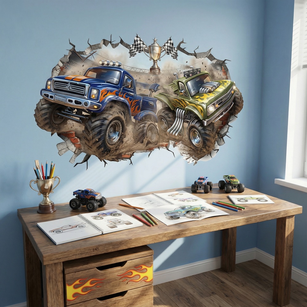 Stickers for Kids: Wall Hole Monster Trucks Competition
