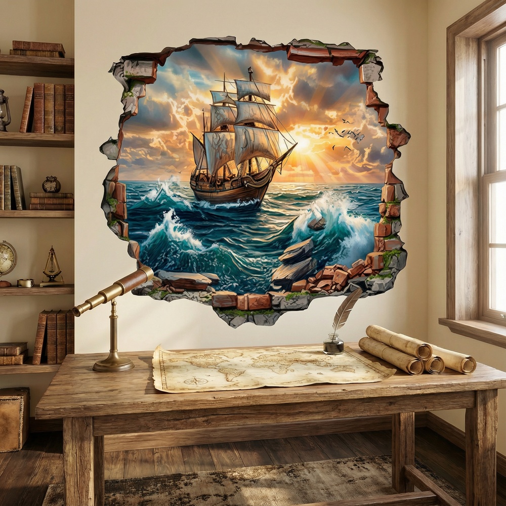 Wall Stickers: Wall Hole Sailing Ship Sunset