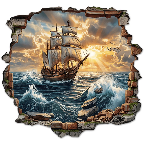 Wall Stickers: Wall Hole Sailing Ship Sunset