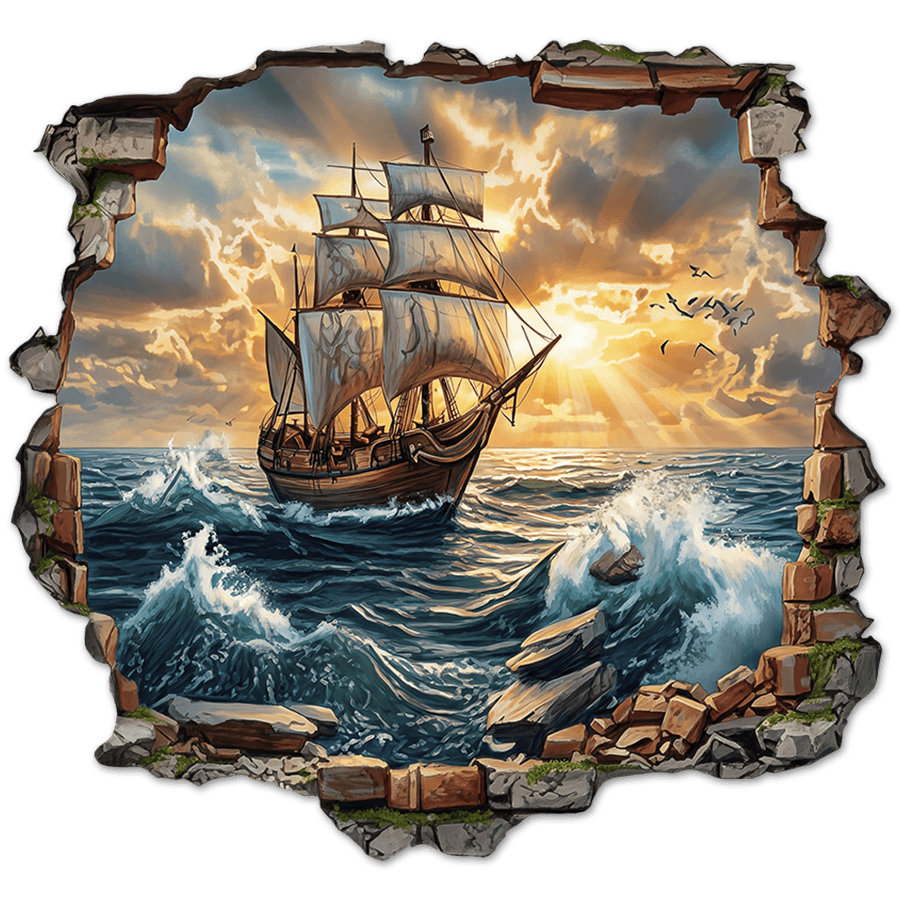 Wall Stickers: Wall Hole Sailing Ship Sunset