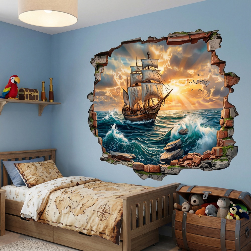 Wall Stickers: Wall Hole Sailing Ship Sunset