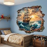 Wall Stickers: Wall Hole Sailing Ship Sunset 3