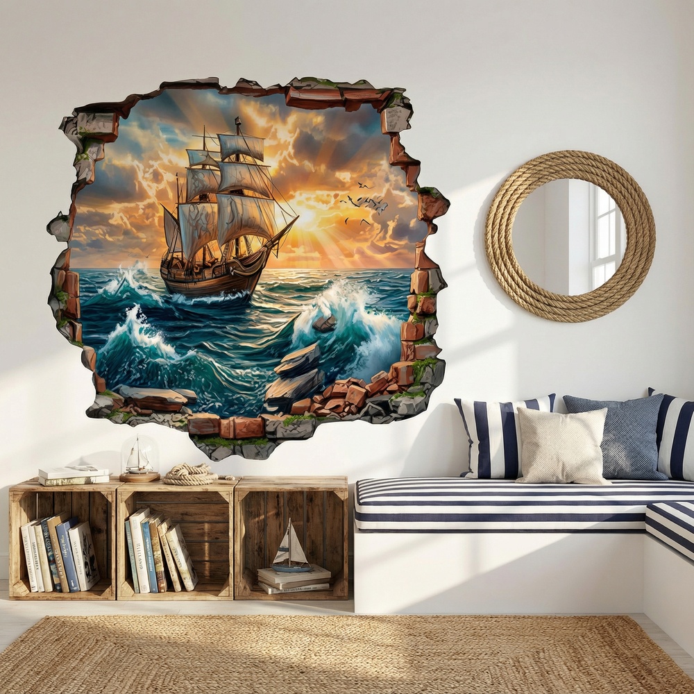 Wall Stickers: Wall Hole Sailing Ship Sunset