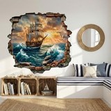 Wall Stickers: Wall Hole Sailing Ship Sunset 4