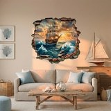 Wall Stickers: Wall Hole Sailing Ship Sunset 6