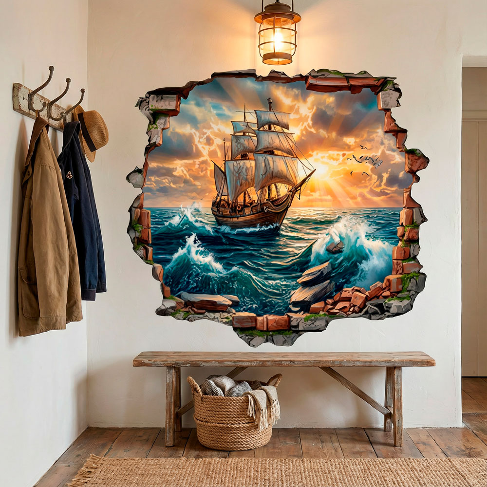 Wall Stickers: Wall Hole Sailing Ship Sunset