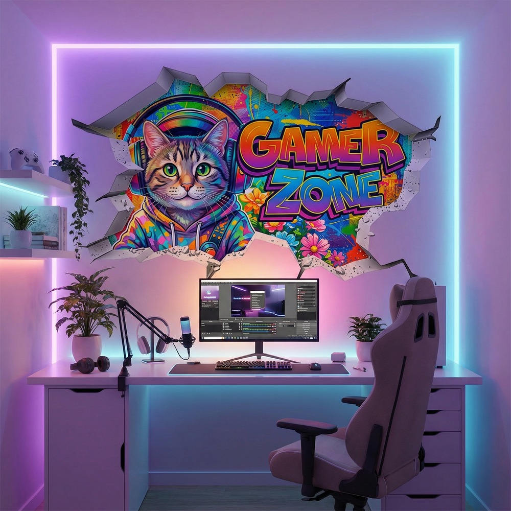 Wall Stickers: Wall Hole Gamer Zone Cat
