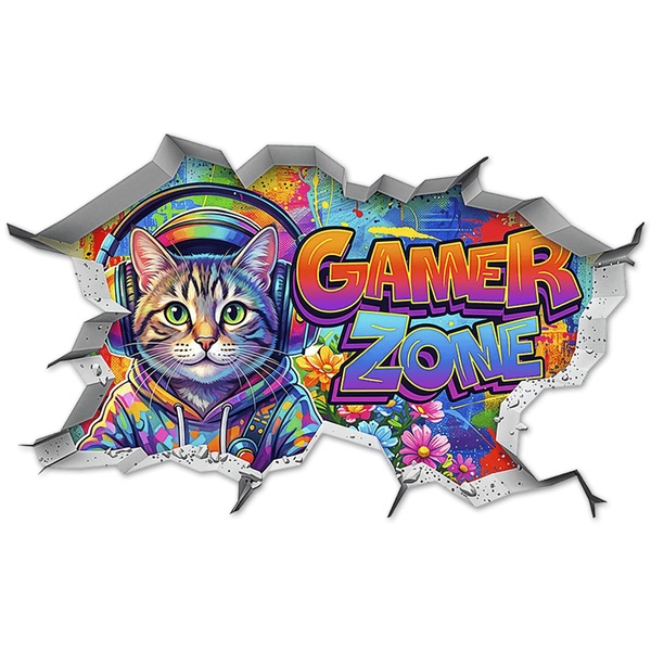 Wall Stickers: Wall Hole Gamer Zone Cat