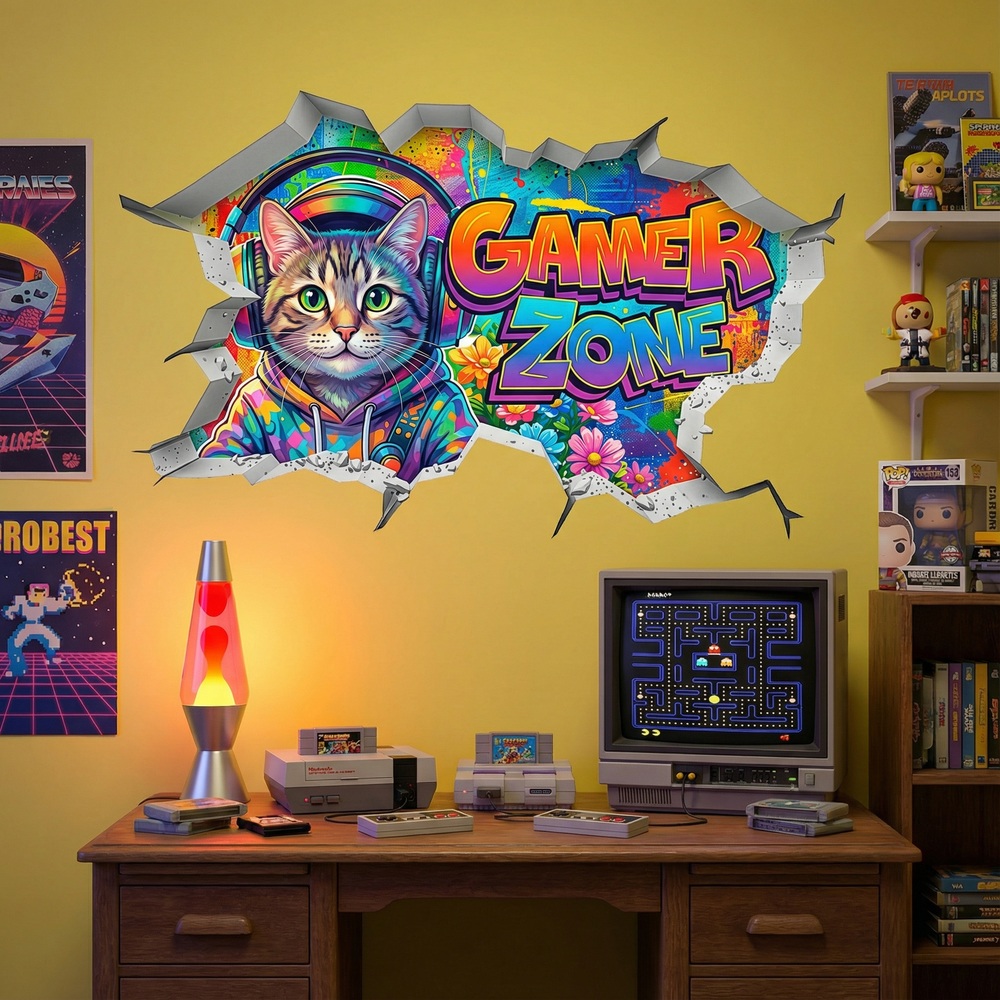 Wall Stickers: Wall Hole Gamer Zone Cat
