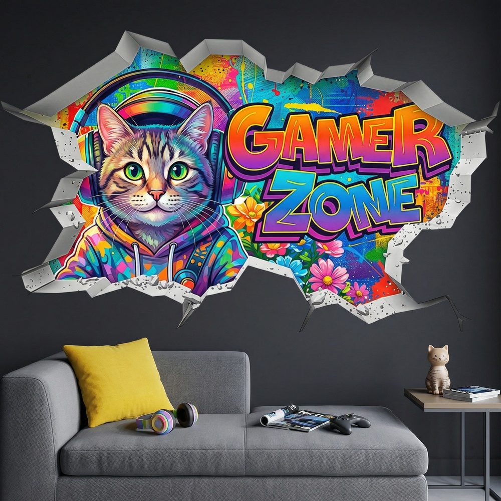 Wall Stickers: Wall Hole Gamer Zone Cat