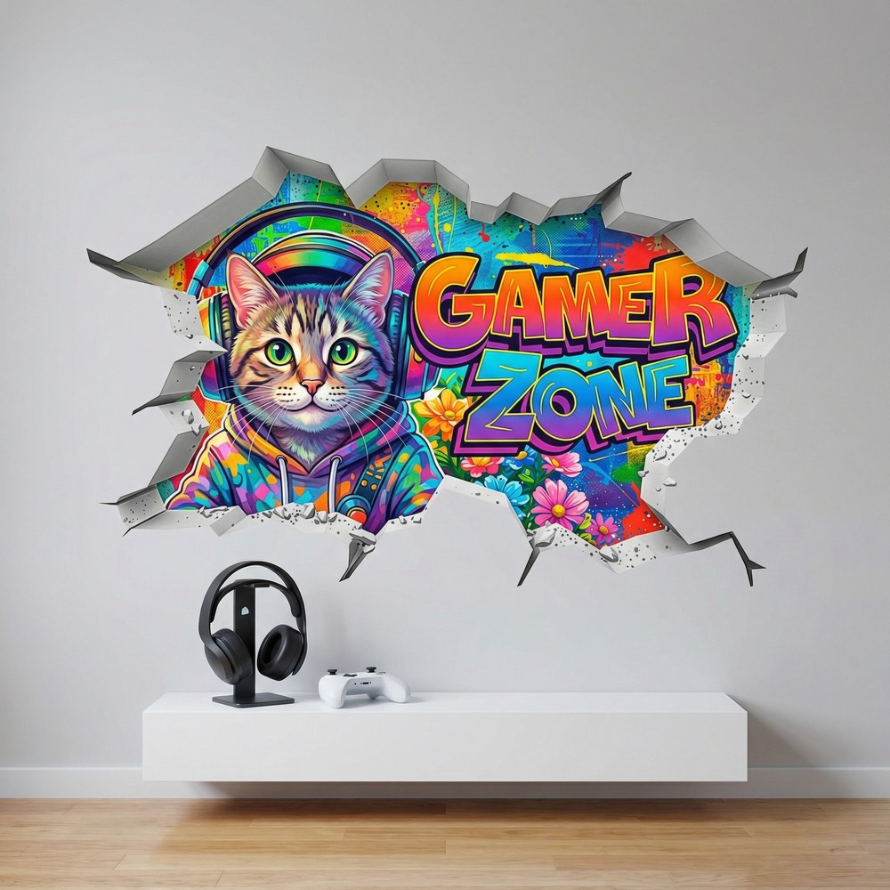 Wall Stickers: Wall Hole Gamer Zone Cat