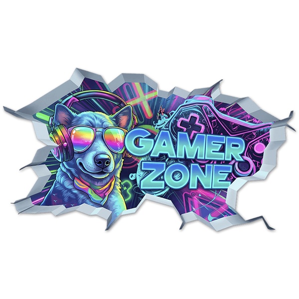 Wall Stickers: Wall Hole Gamer Zone Dog