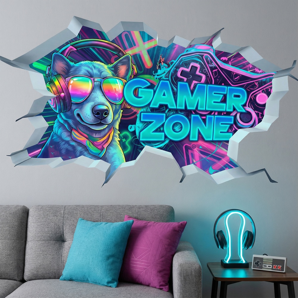 Wall Stickers: Wall Hole Gamer Zone Dog
