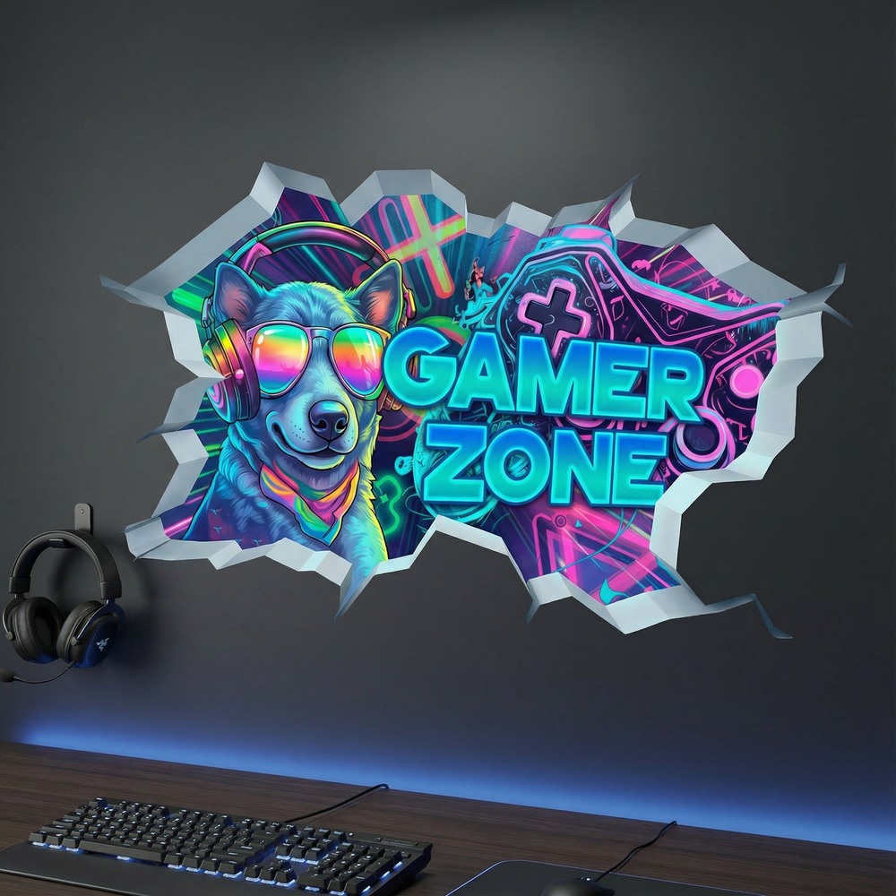Wall Stickers: Wall Hole Gamer Zone Dog